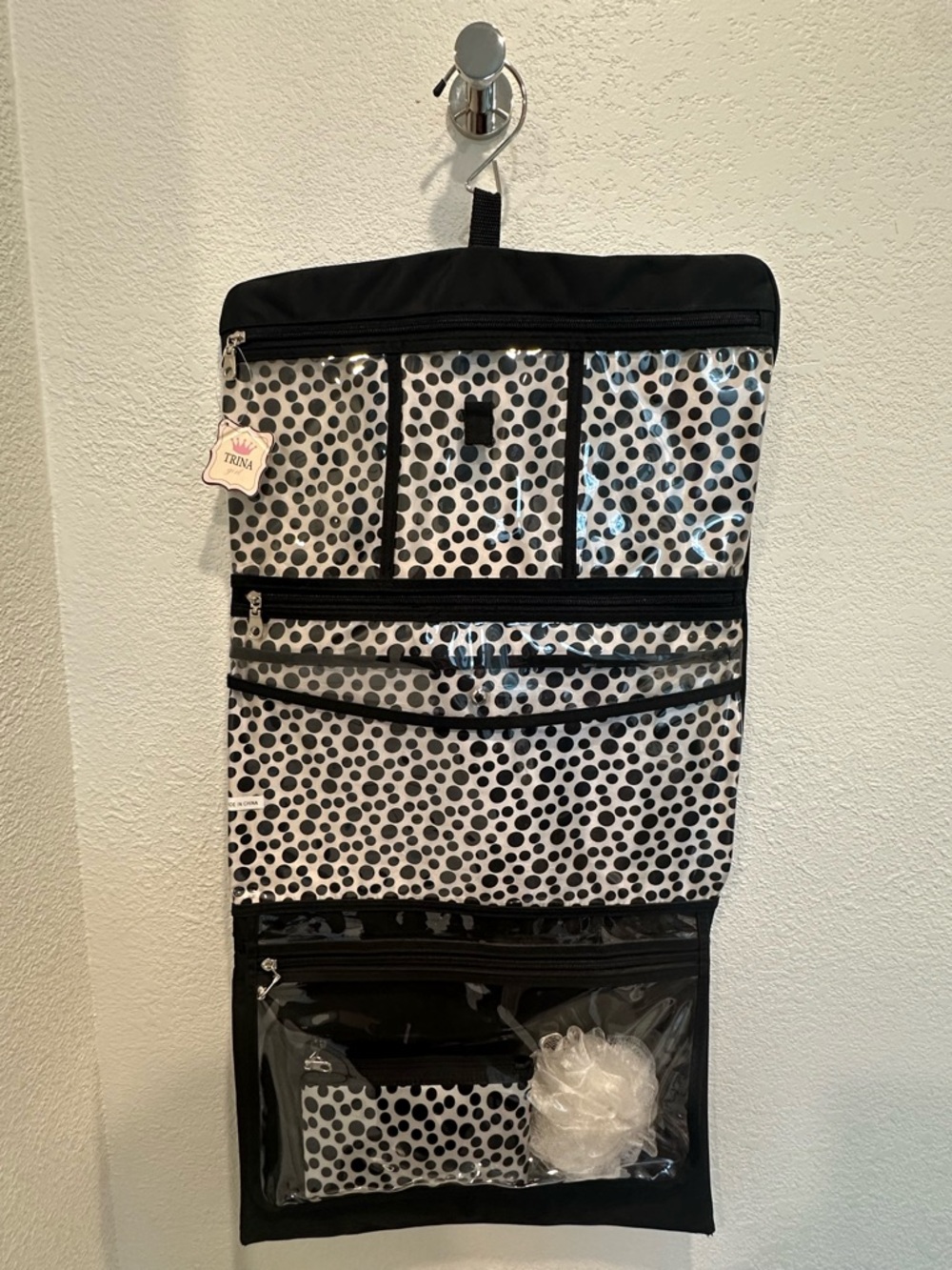 Black & White Polka Dot Hanging Organizer - Travel Toiletry Bag